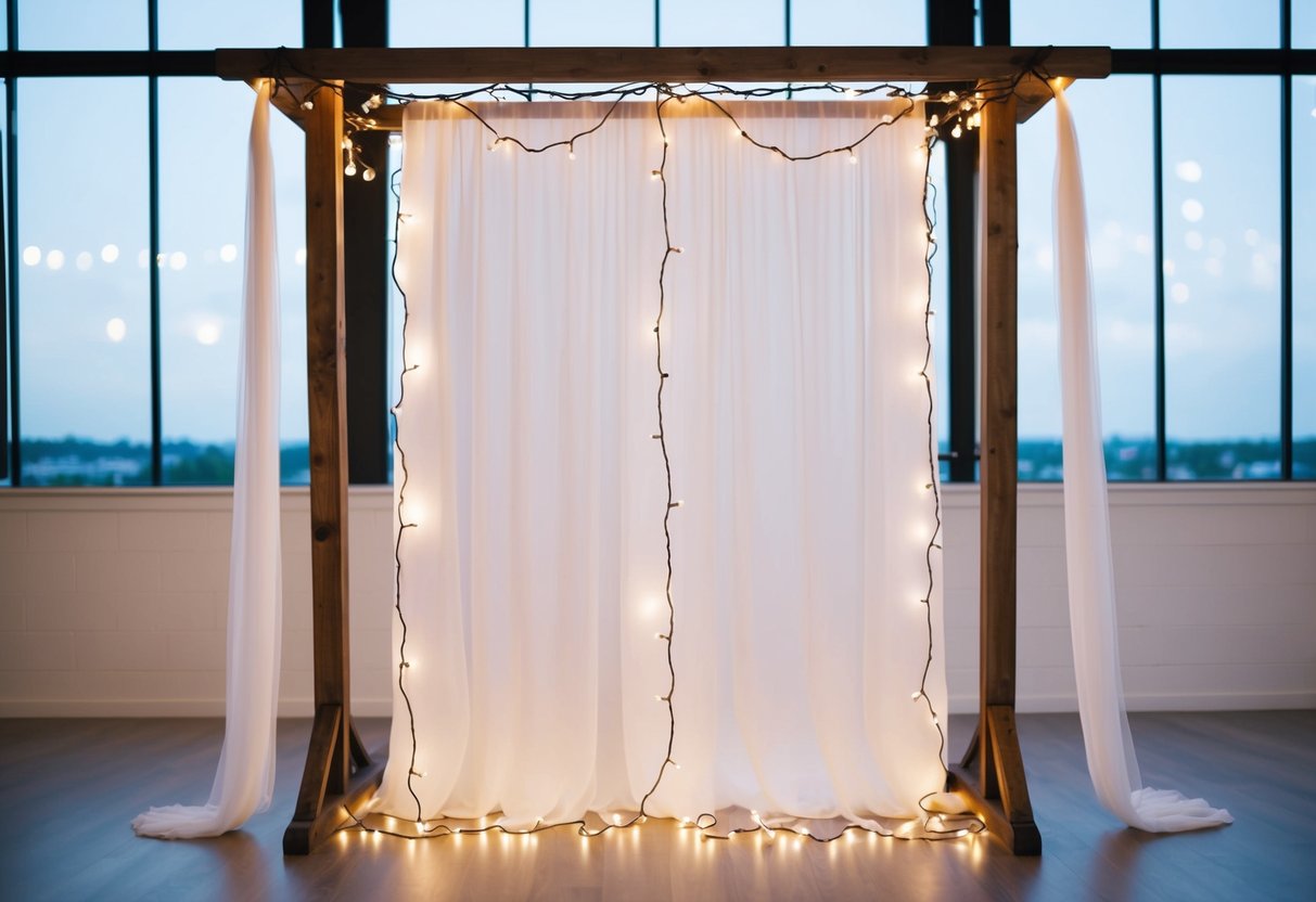 A white backdrop is suspended from a wooden frame with twinkle lights woven through the fabric, creating a romantic and elegant setting for a wedding