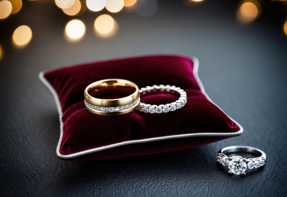 A golden engagement ring, a silver wedding band, and a diamond eternity ring arranged in a circle on a velvet pillow