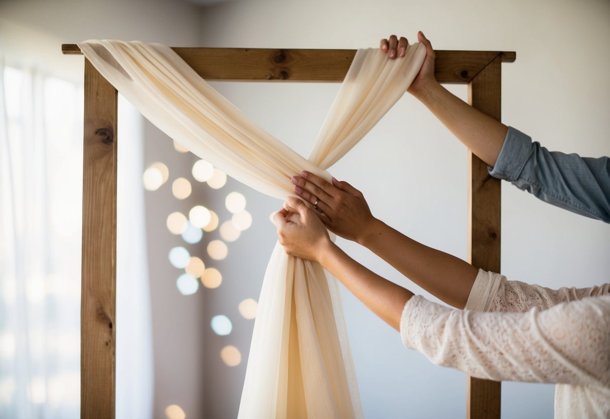 A pair of hands hold a roll of delicate fabric, while another pair reaches up to secure it to a wooden frame, creating a beautiful backdrop for a wedding