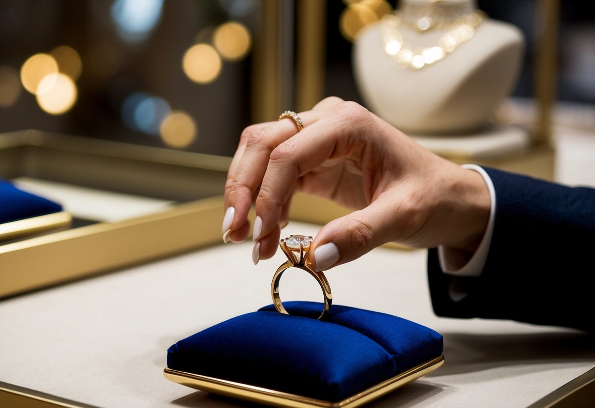 A hand reaching for a gold wedding ring on a velvet cushion in a jewelry store display