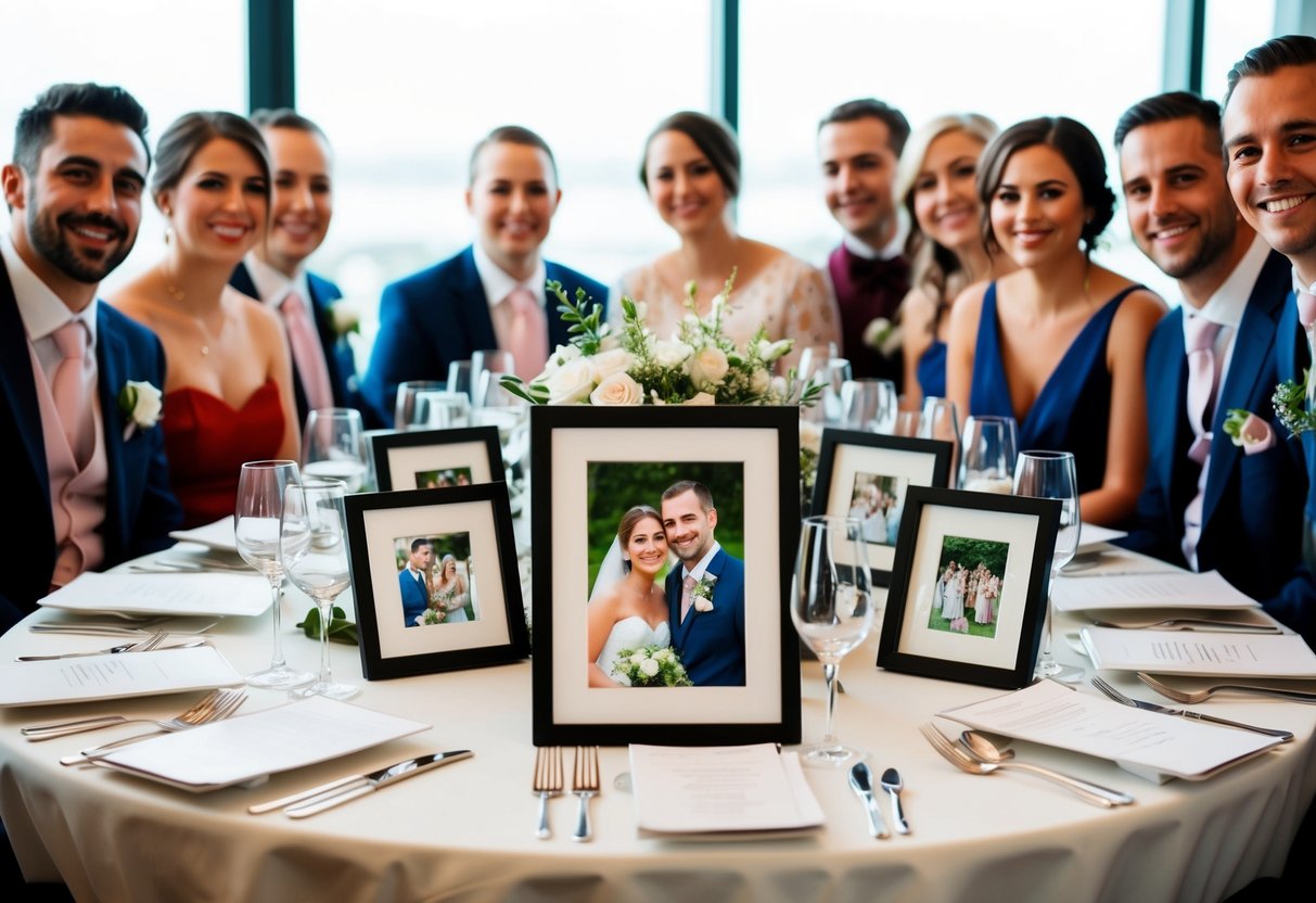 A table set with framed wedding photos, surrounded by smiling guests