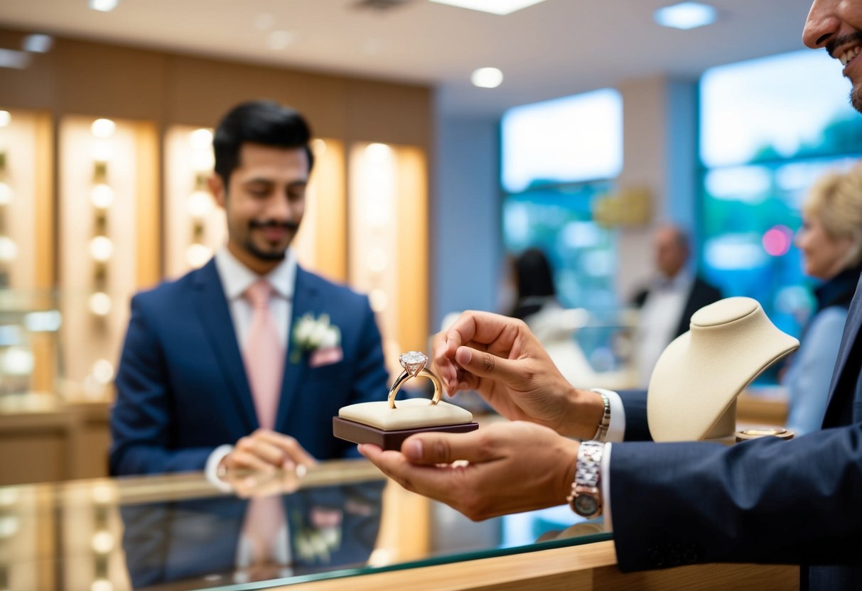 A man's wedding ring being purchased at a jewelry store counter