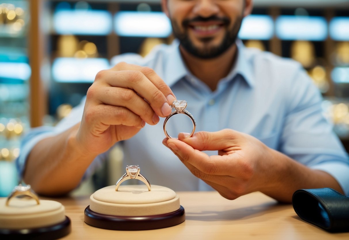 A person purchasing a man's wedding ring at a jewelry store
