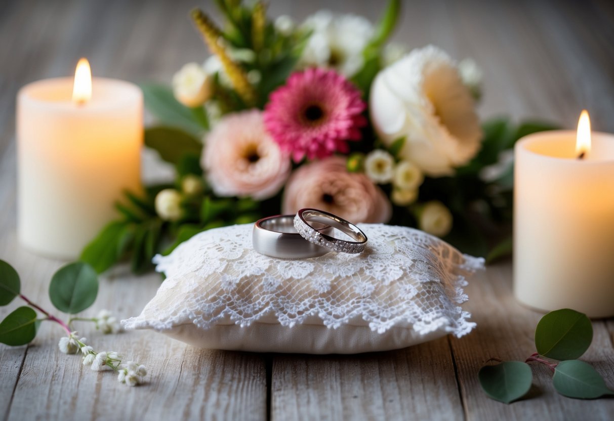 A pair of wedding rings placed on a delicate lace pillow, surrounded by fresh flowers and soft candlelight