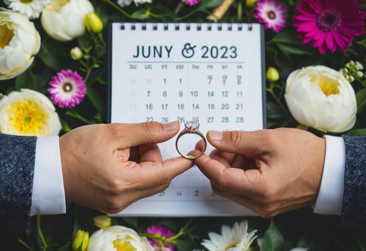 A couple's hands holding a wedding ring and a calendar with the wedding date circled, surrounded by flowers and decorative elements