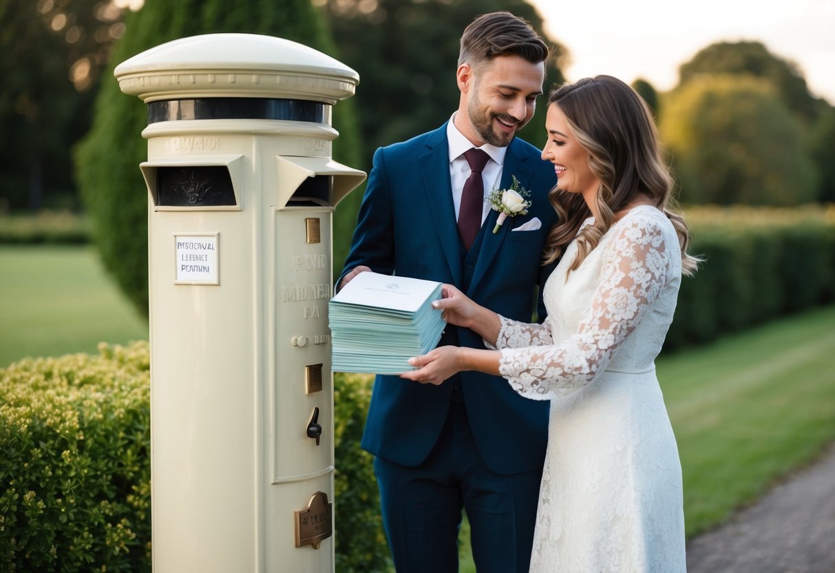 A newly engaged couple standing in front of a vintage postbox, dropping in a stack of beautifully designed wedding invitations