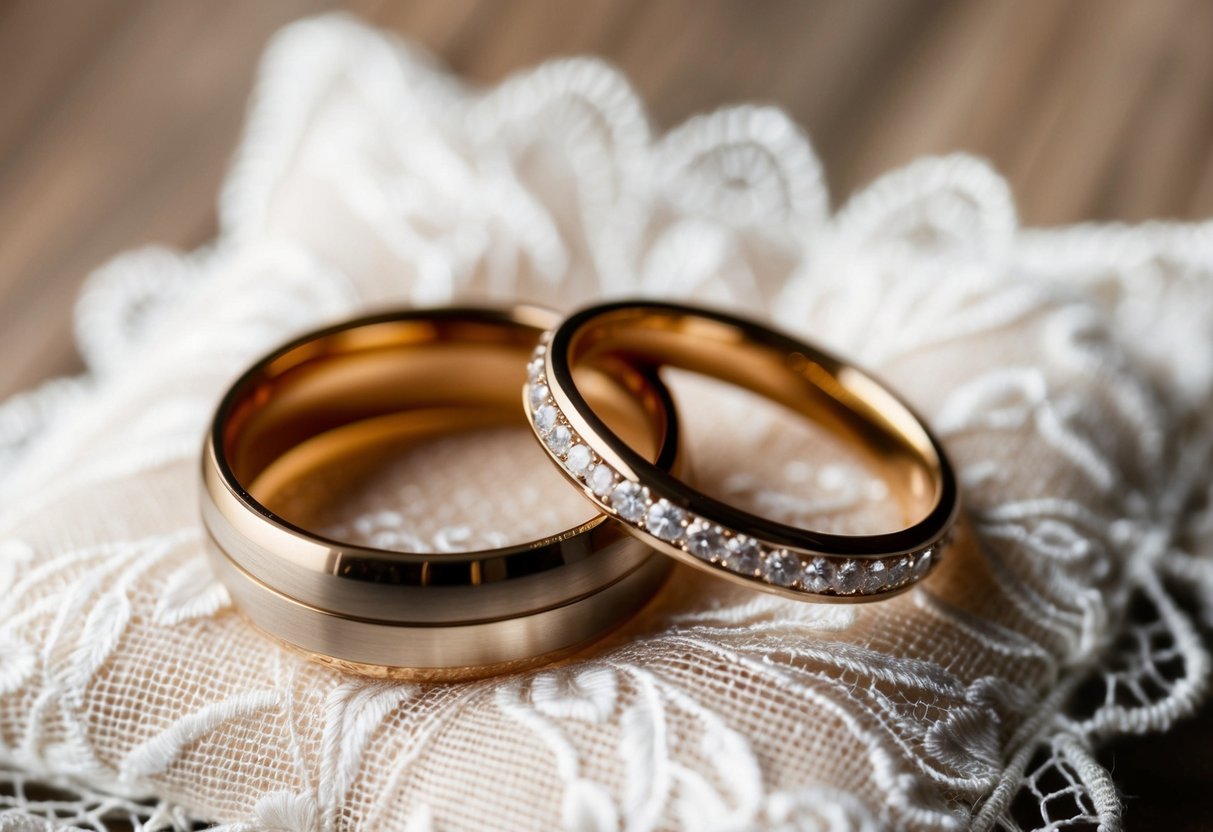 A pair of matching wedding rings resting on a delicate lace pillow