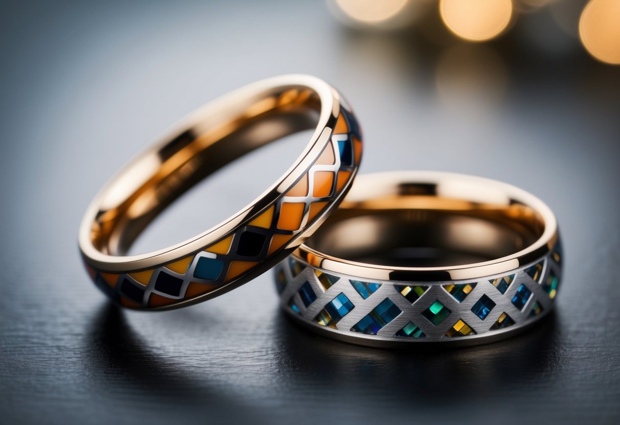 A pair of intertwined wedding rings, one with a bold, unique design and the other with a complementary pattern, symbolizing individuality and unity