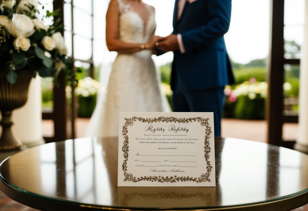 A couple places a decorative card with registry information on a table at the wedding venue entrance