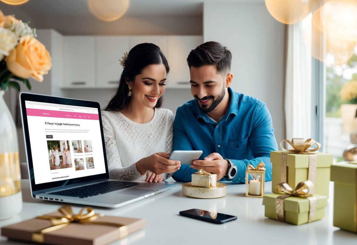 A couple sets up a wedding registry online, surrounded by gifts and decorations. They display a website or app on a computer or smartphone to inform guests