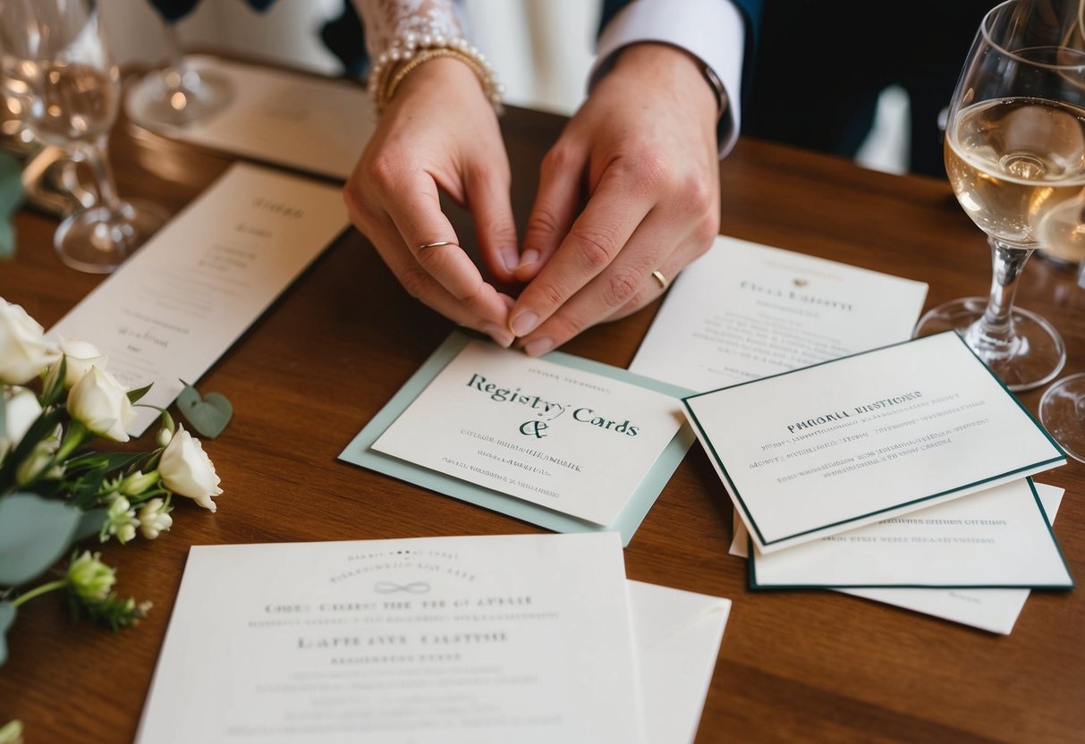 A couple places registry cards in wedding invitations