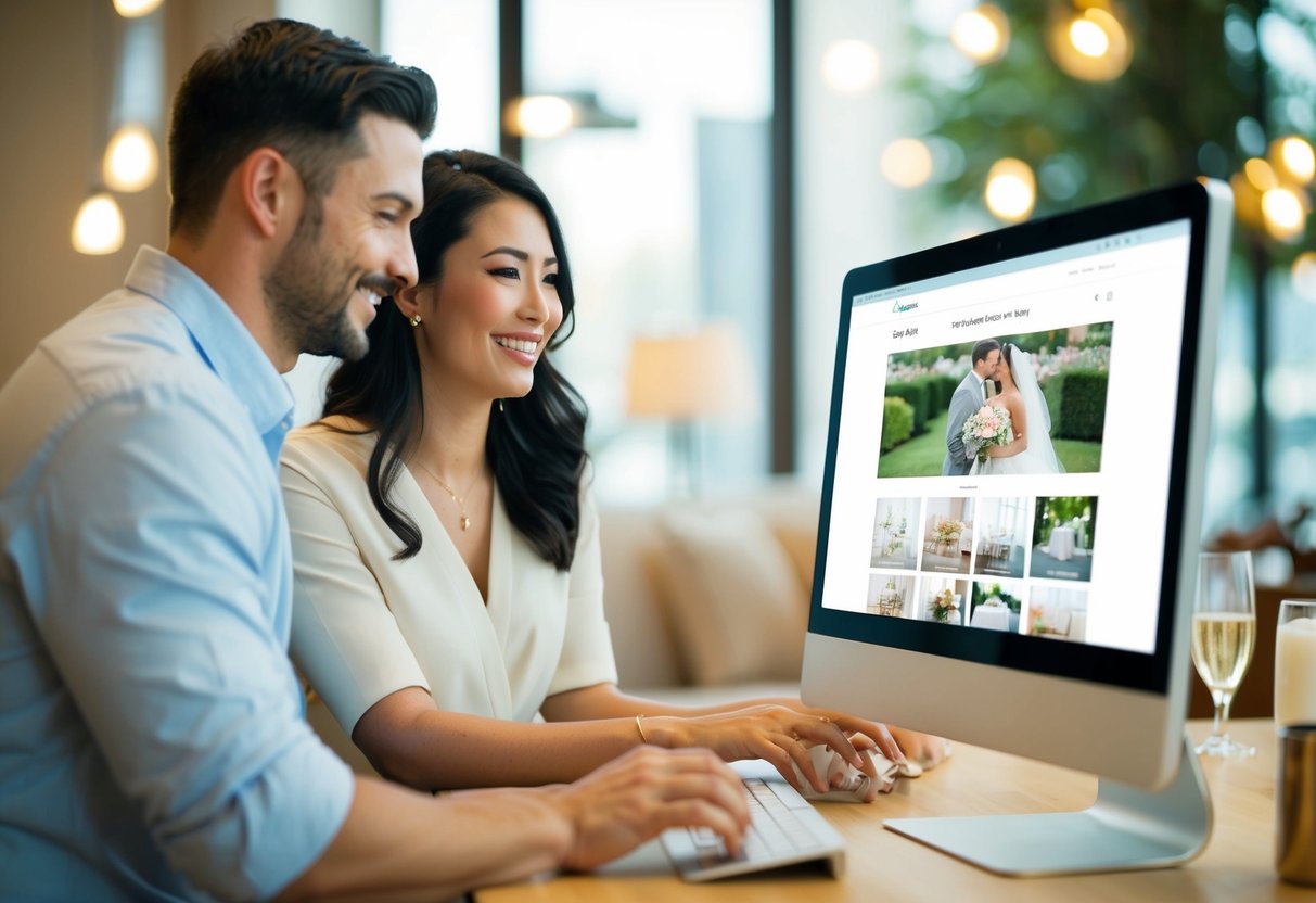A couple using a computer to create and manage their wedding gift registry, with a website or app open to inform guests