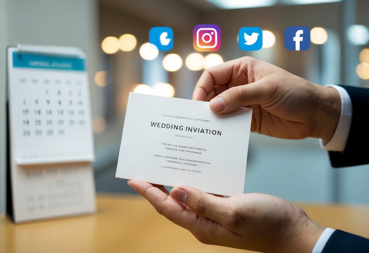 A hand holding a wedding invitation with a calendar and social media icons in the background
