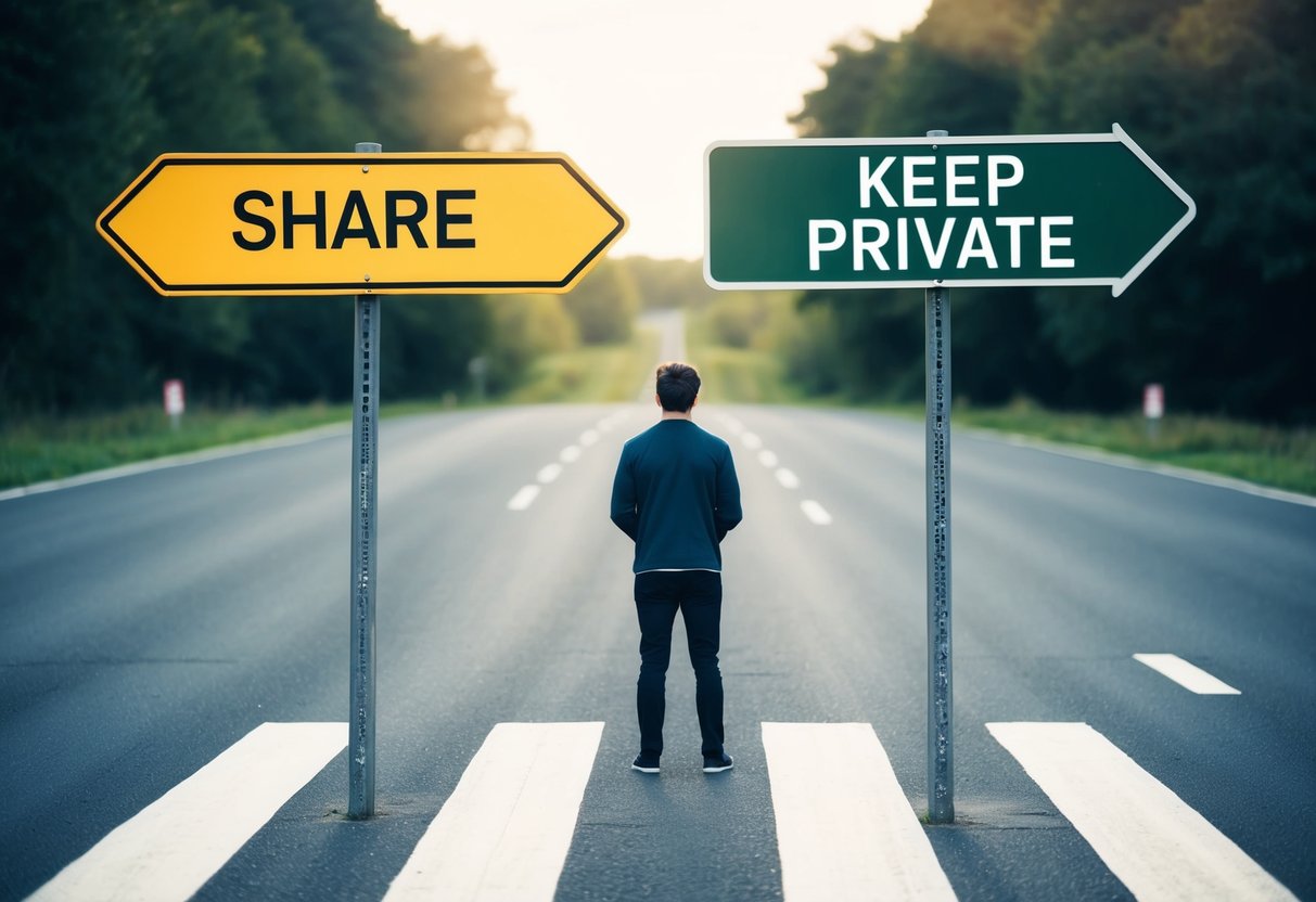 A person standing at a crossroads with a signpost pointing in different directions, one labeled "Share" and the other "Keep Private."