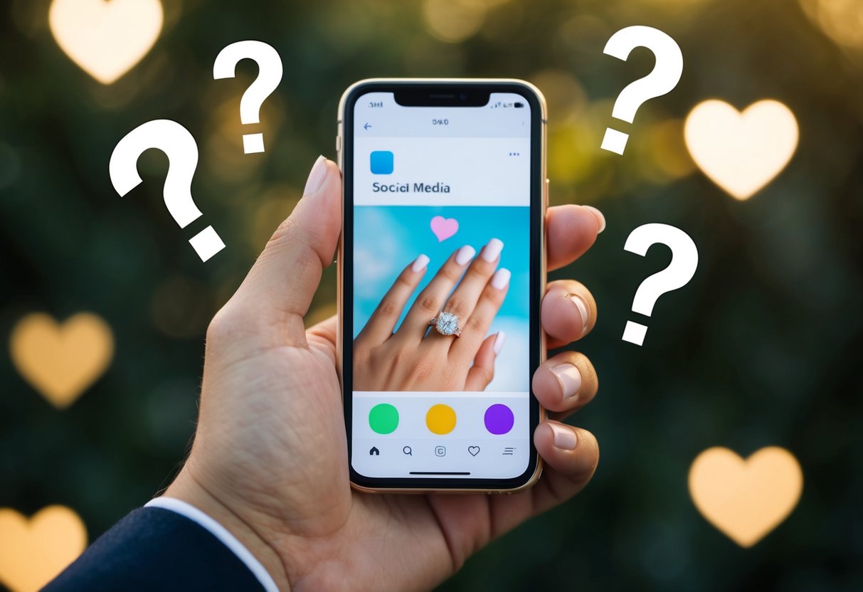 A hand holding a smartphone with wedding ring on a social media app, surrounded by question marks and hearts