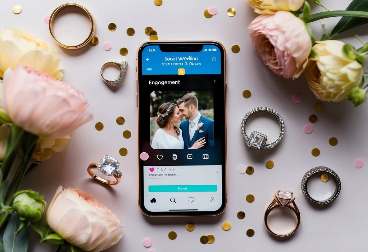 A smartphone with a wedding date displayed on a social media app, surrounded by engagement rings, flowers, and confetti