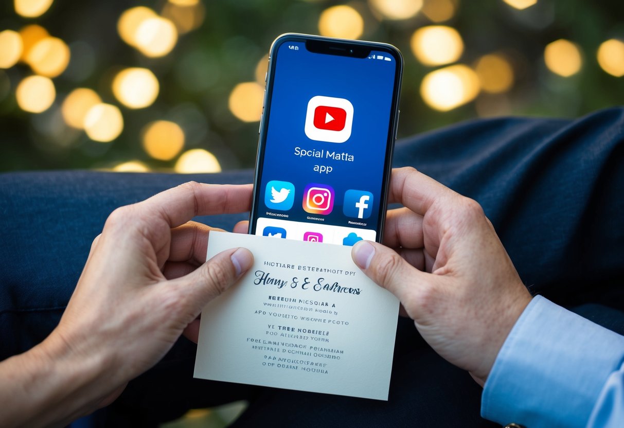 A couple's hands holding a wedding invitation with a social media app open on a smartphone in the background