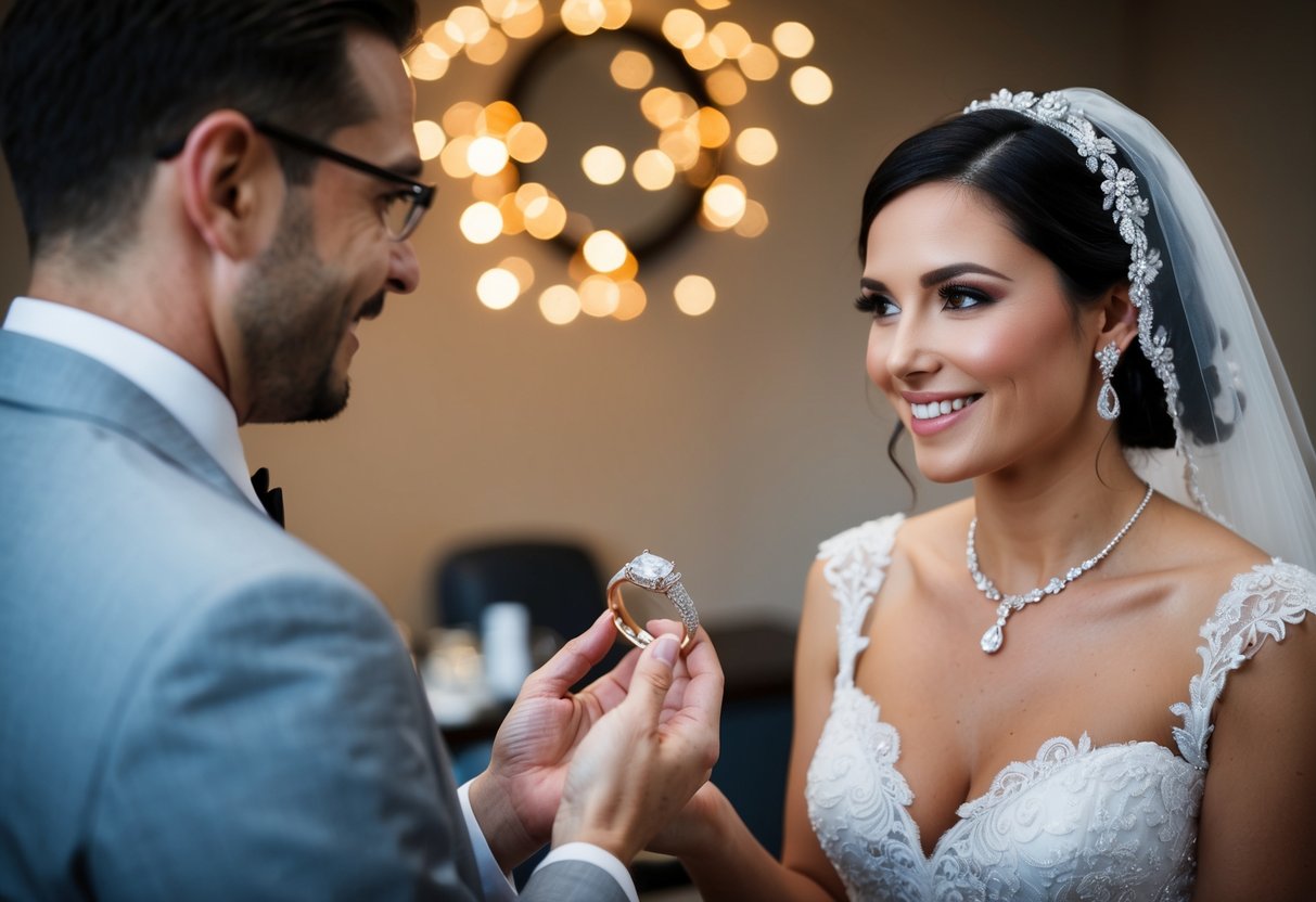 A jeweler presents a selection of wedding bands to a bride