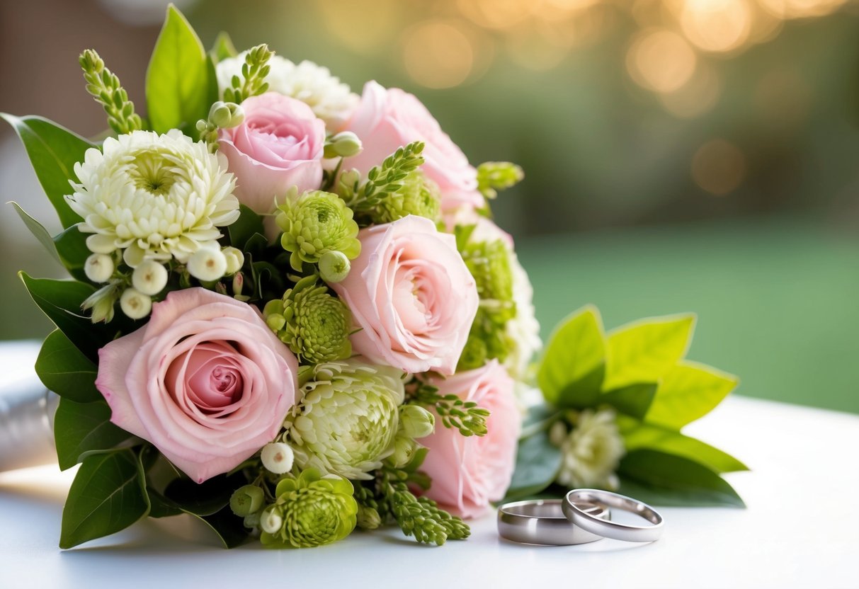 A beautiful bouquet of flowers arranged next to two intertwined wedding rings