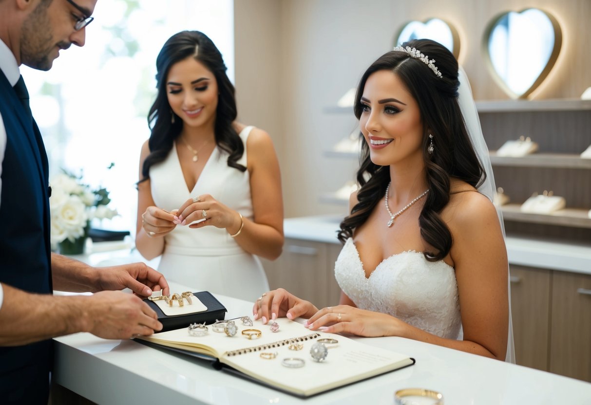 A bride sits at a jewelry counter, examining various wedding bands while a salesperson presents options. A budgeting notebook is open on the counter