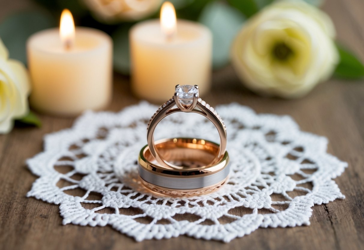 A pair of interlocked wedding rings on a lace doily with flowers and candles. #JustMarried #HappilyEverAfter
