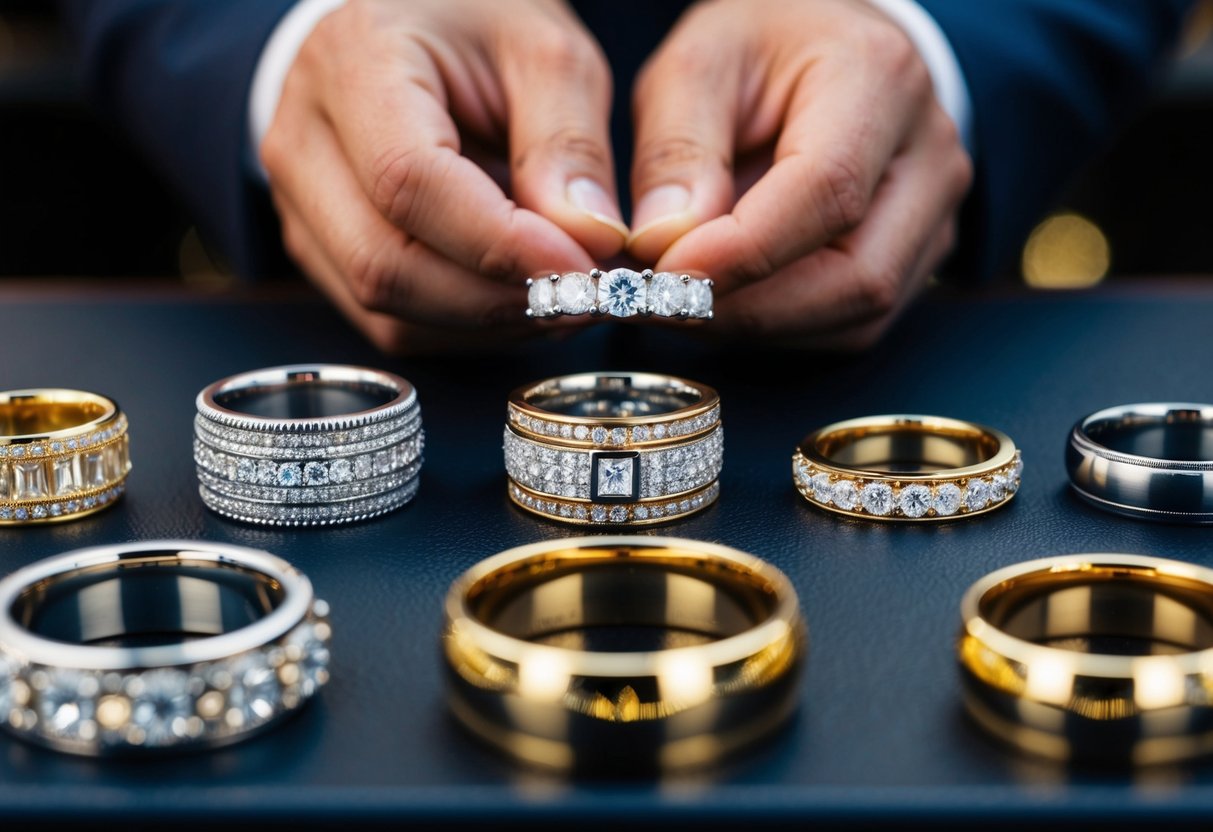 A jeweler presents a selection of wedding bands, showcasing various materials and durability options