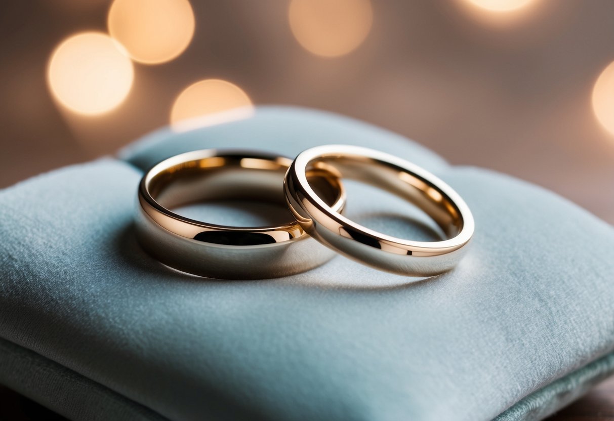 Two wedding bands resting side by side on a soft, velvet cushion. The bands are simple and elegant, reflecting the soft glow of the light around them