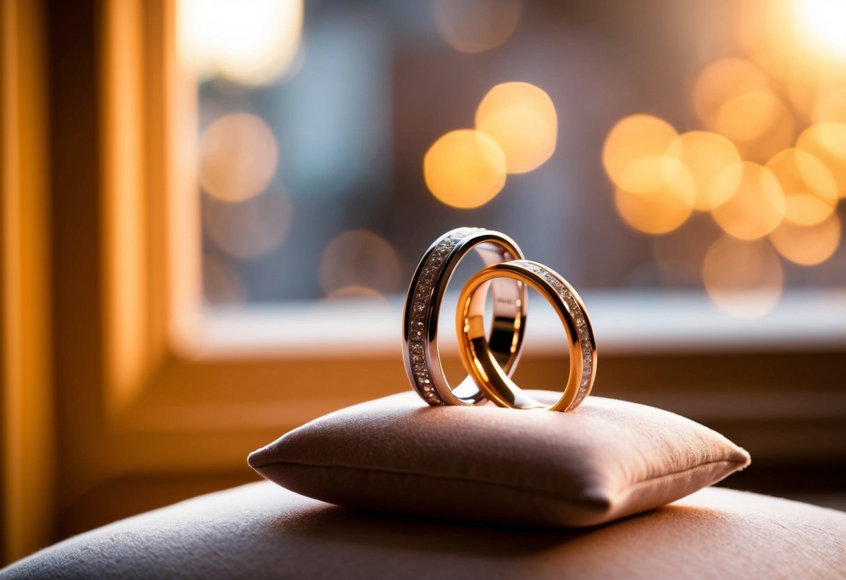 Two wedding bands resting on a soft velvet cushion, bathed in warm, golden light from a nearby window, casting a soft glow on the polished metal