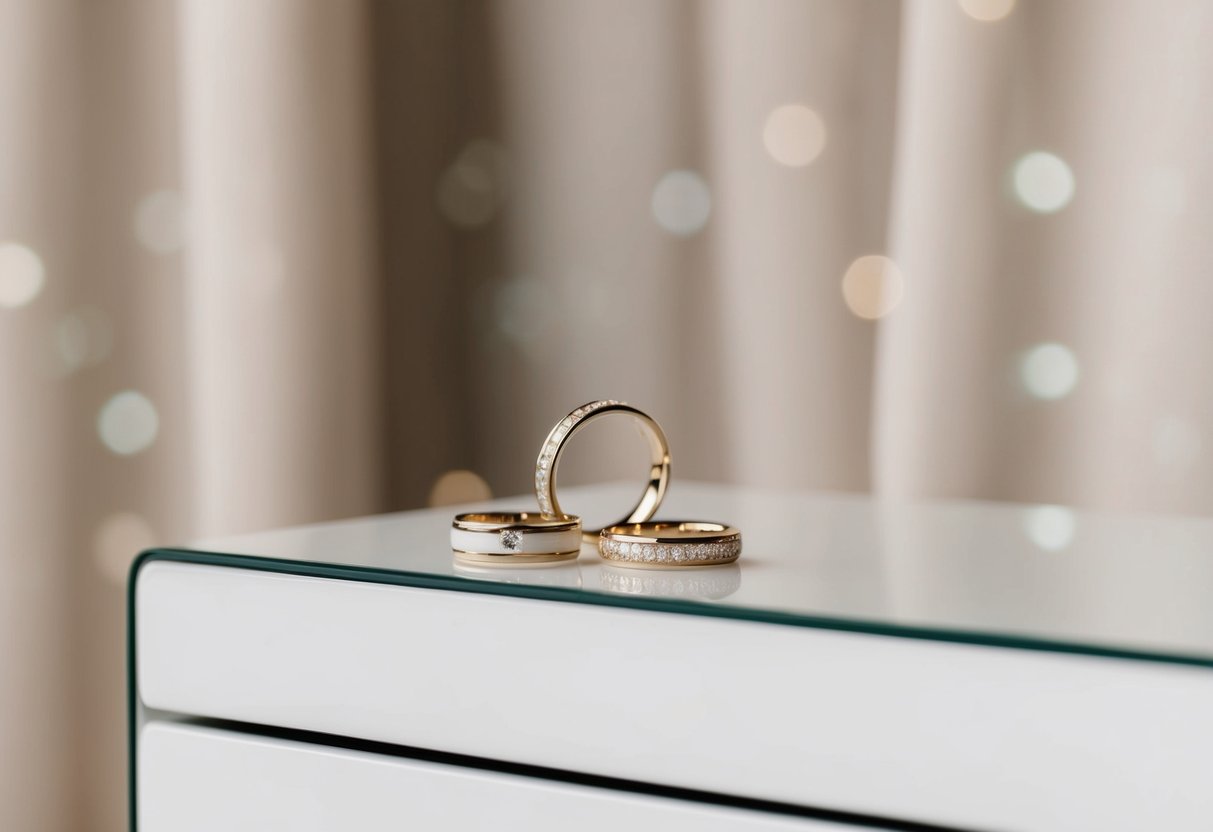Two wedding bands on a sleek, modern dresser with a soft, neutral-colored fabric backdrop