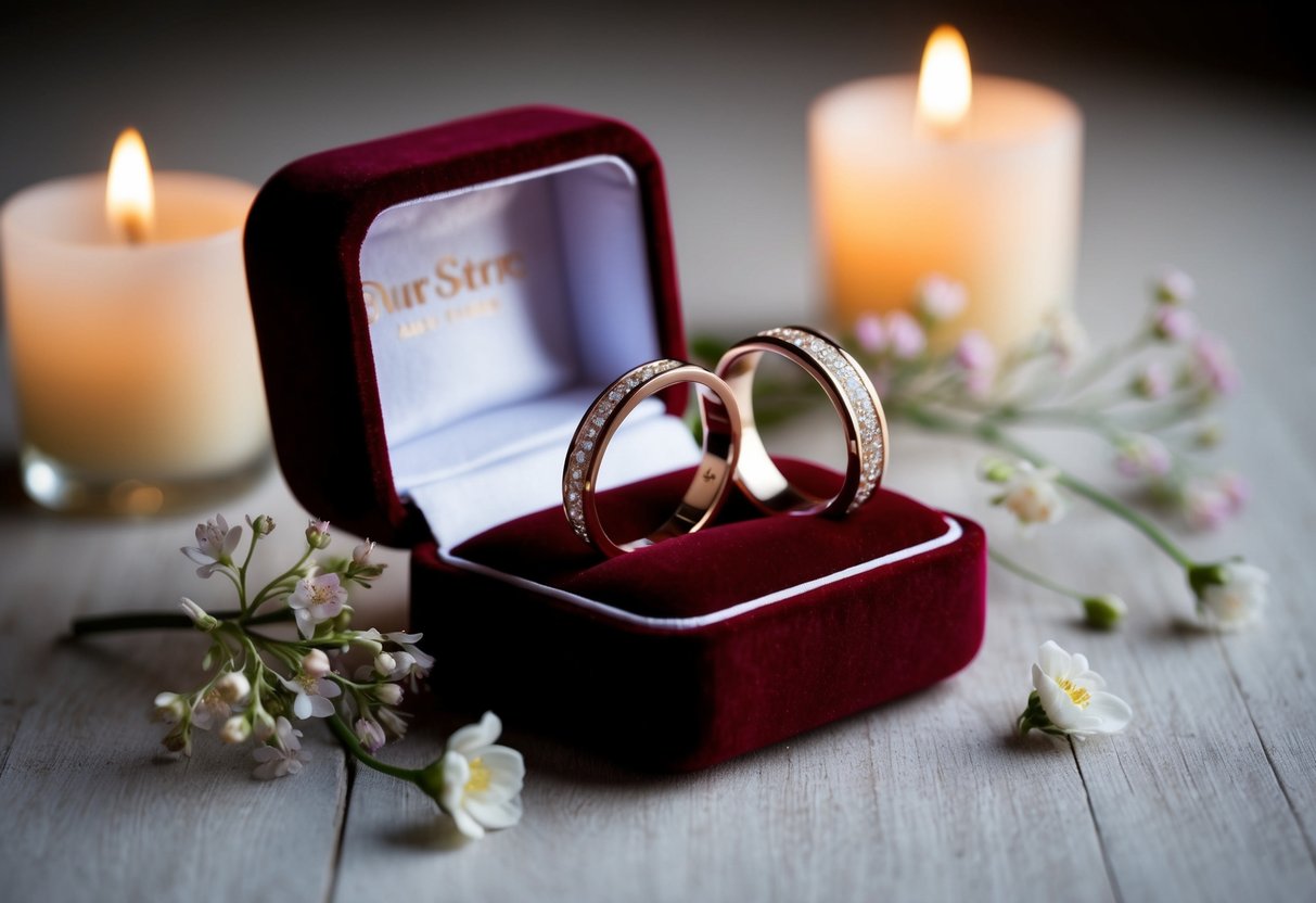 Two wedding bands displayed on a velvet cushion, surrounded by delicate flowers and soft candlelight