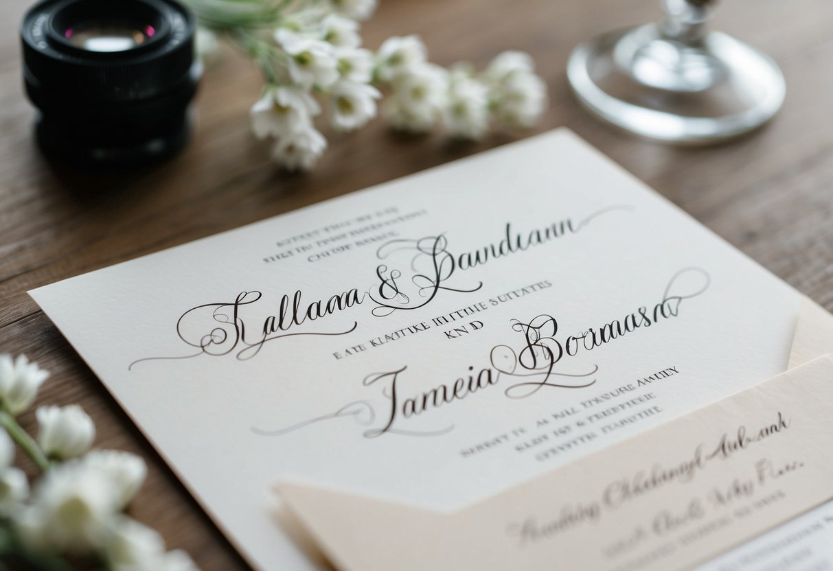 A wedding invitation with two names written in elegant calligraphy