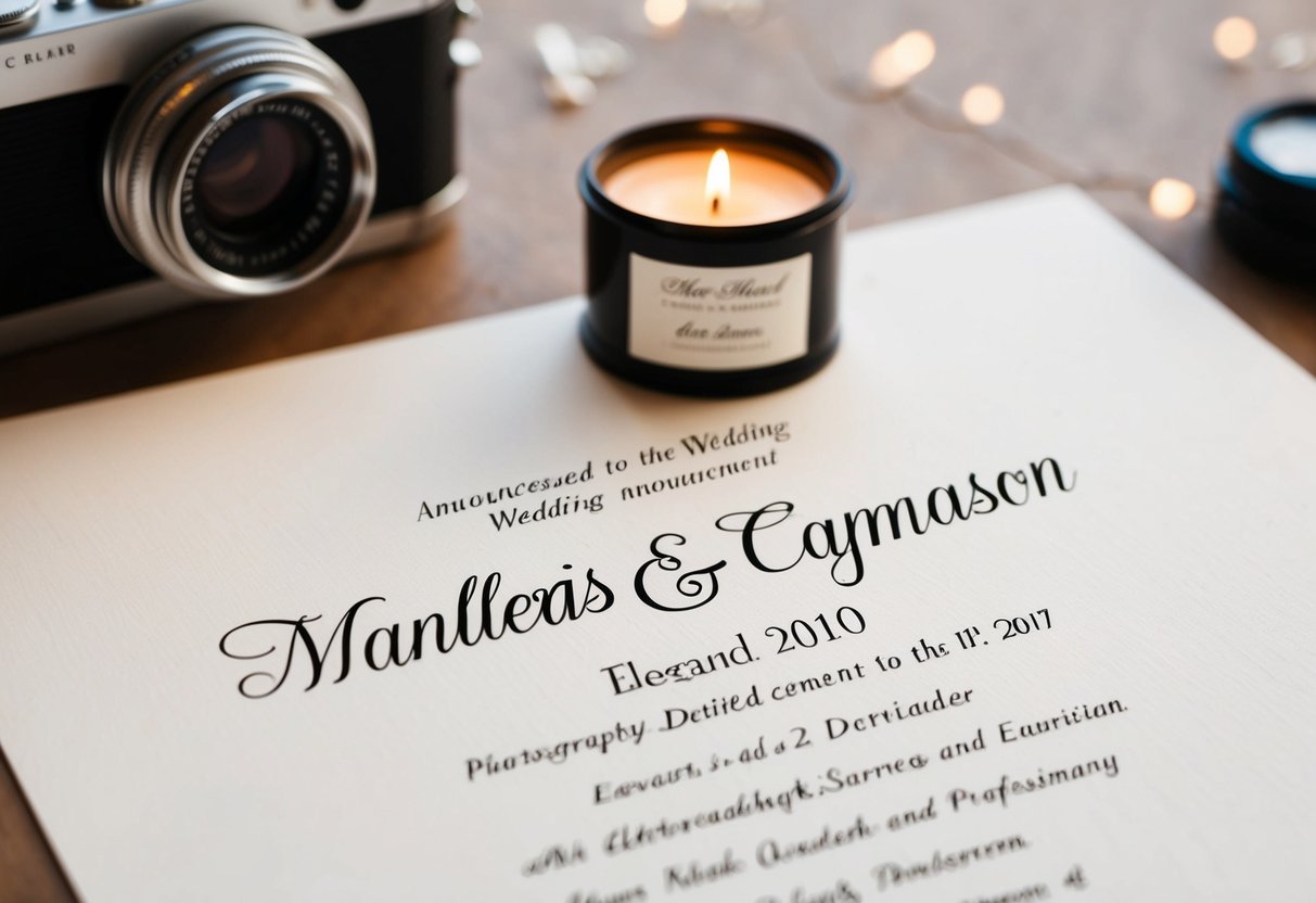 A wedding announcement with two names written on elegant paper