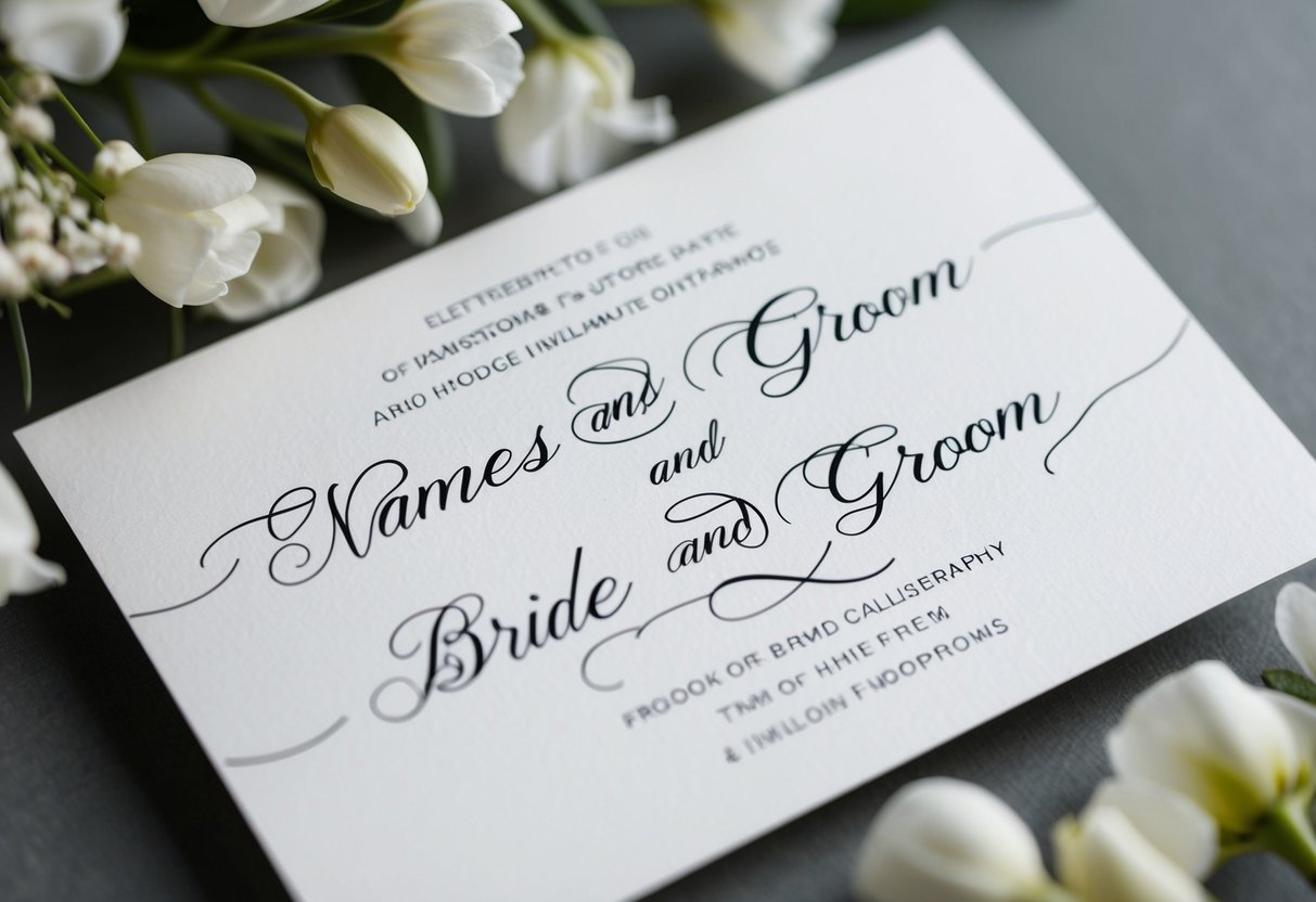 A wedding invitation with elegant calligraphy, displaying the names of the bride and groom centered on the card