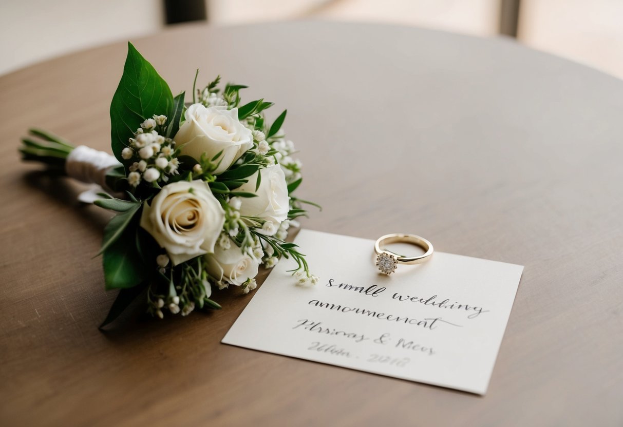 A small wedding announcement: A simple table with a bouquet, a wedding ring, and a handwritten note