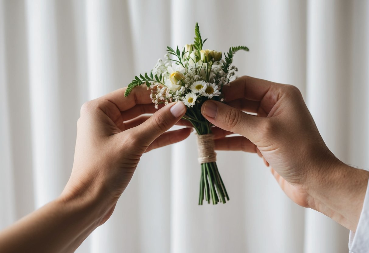 A couple's hands holding a small bouquet of flowers and a wedding ring, with a simple, elegant backdrop