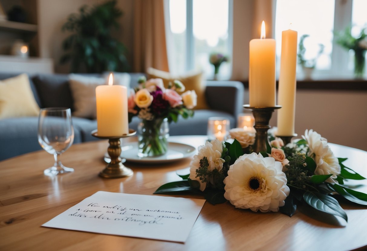 A small wedding announcement: A cozy living room with a table set for two, adorned with flowers and candles. A handwritten note lies on the table