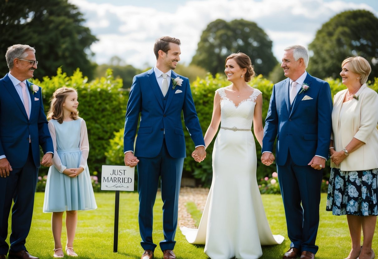 A couple stands in a garden, surrounded by close family. They hold hands and smile, while a small sign nearby reads "Just Married."
