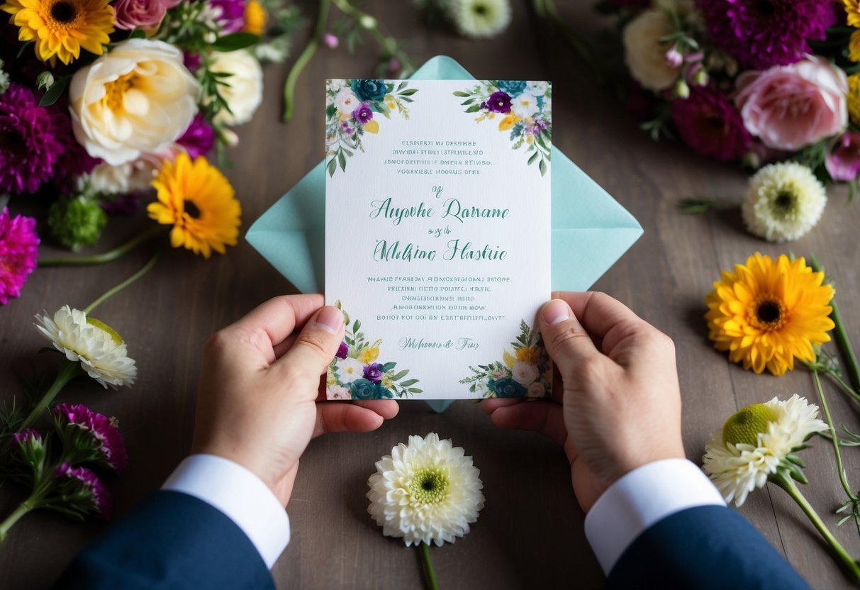 A couple's hands holding a custom-made wedding invitation, surrounded by vibrant flowers and personalized decorations