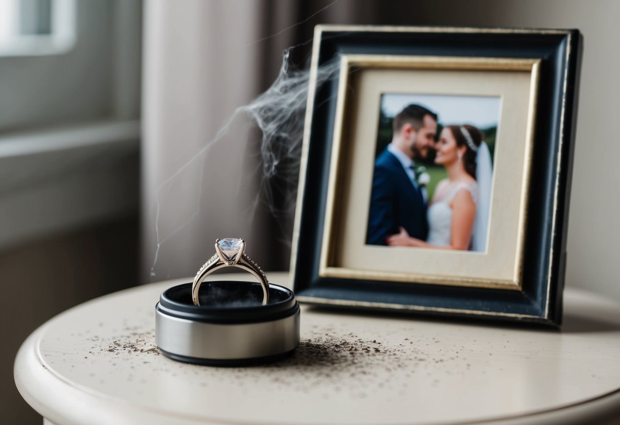 A wedding ring lies abandoned on a bedside table, next to a framed photo of a man and woman. The ring is surrounded by dust and cobwebs