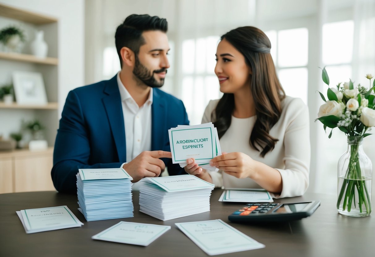 A couple discussing wedding announcement expenses, with a stack of invitation samples and a calculator on the table