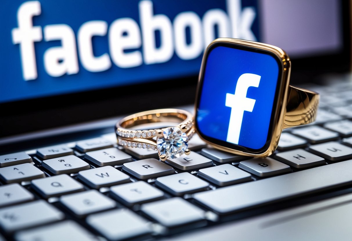 A wedding ring on a keyboard with a Facebook logo displayed on the screen