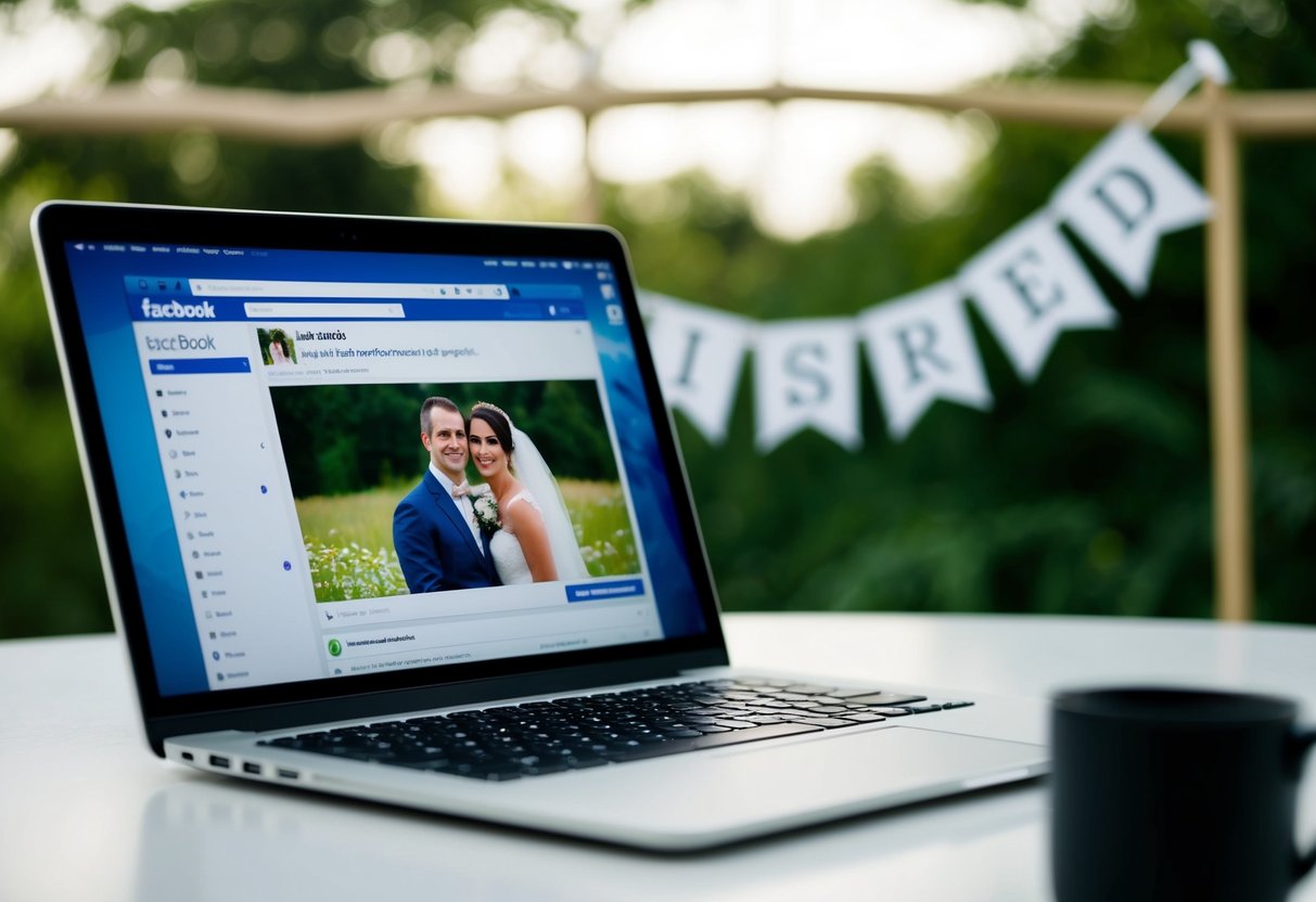 A laptop open to a Facebook page, with a newlywed couple's wedding photo displayed and a "Just Married" banner in the background