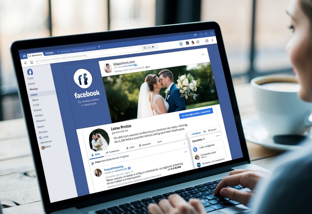 A computer screen with a Facebook profile open, showing a wedding photo as the cover image and a post announcing the marriage in the news feed