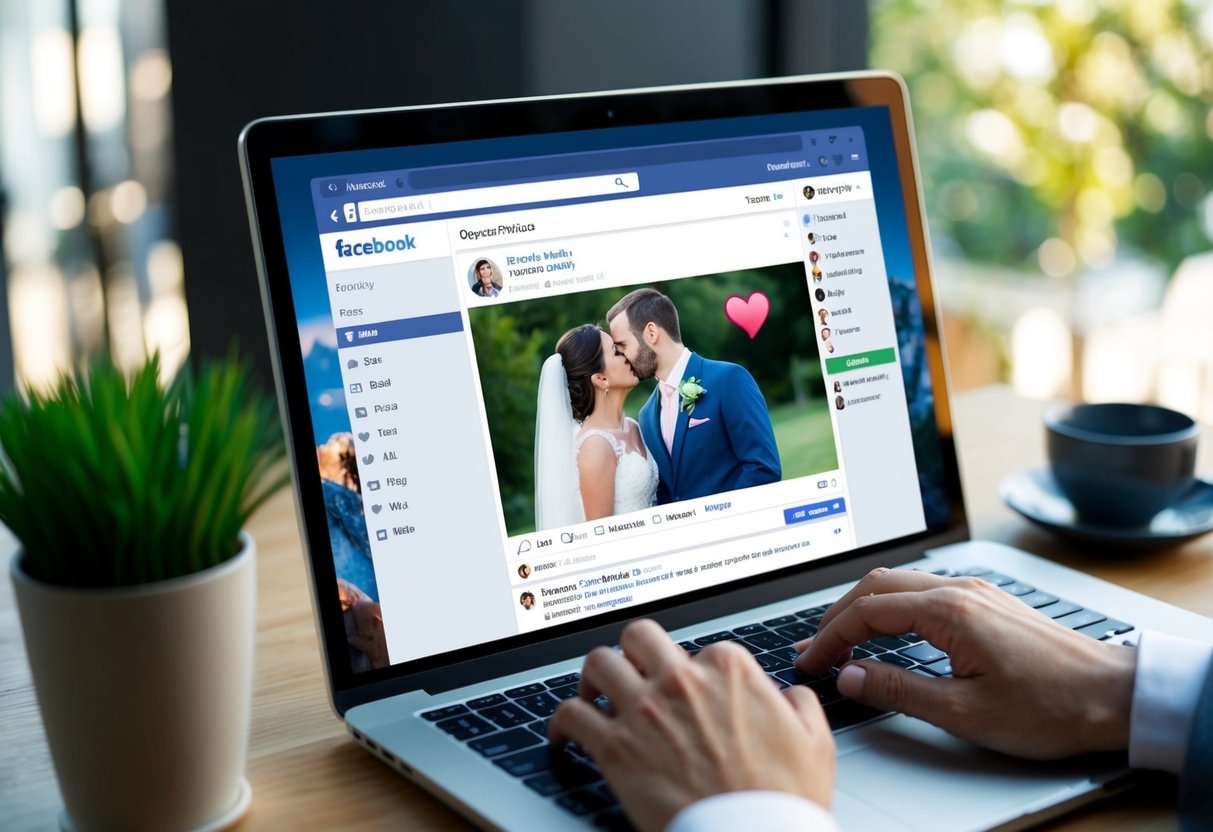 A computer screen with a Facebook profile open, showing a newlywed couple's photo with a heart emoji and a flood of congratulatory comments