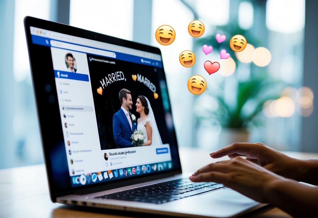 A computer screen with a Facebook profile open, showing a newlywed couple's relationship status changed to "married" with celebratory emojis and comments