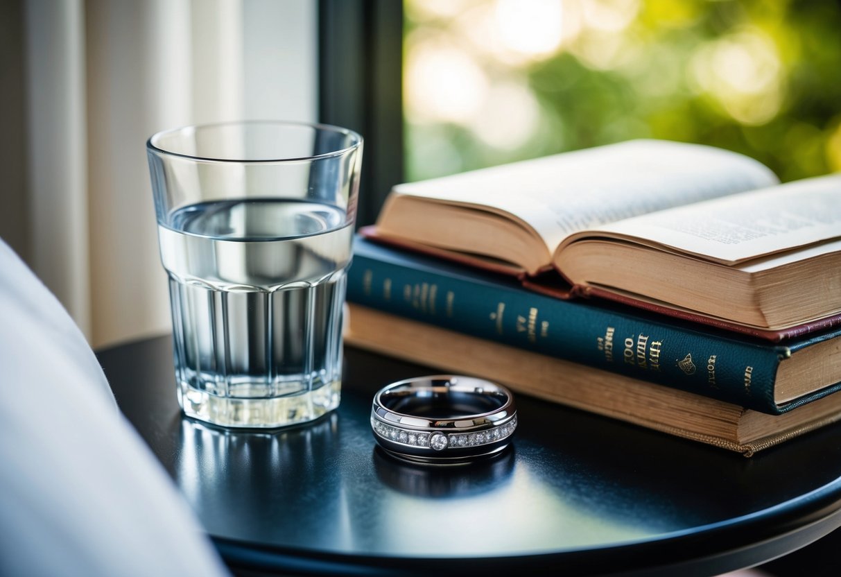 A bedside table with a wedding band resting on top, next to a glass of water and a book