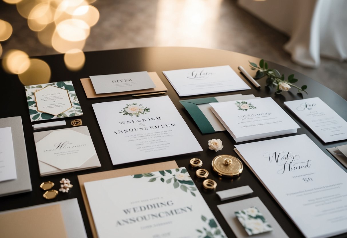 A table with various stationery items arranged neatly, including elegant wedding announcement designs and different paper types