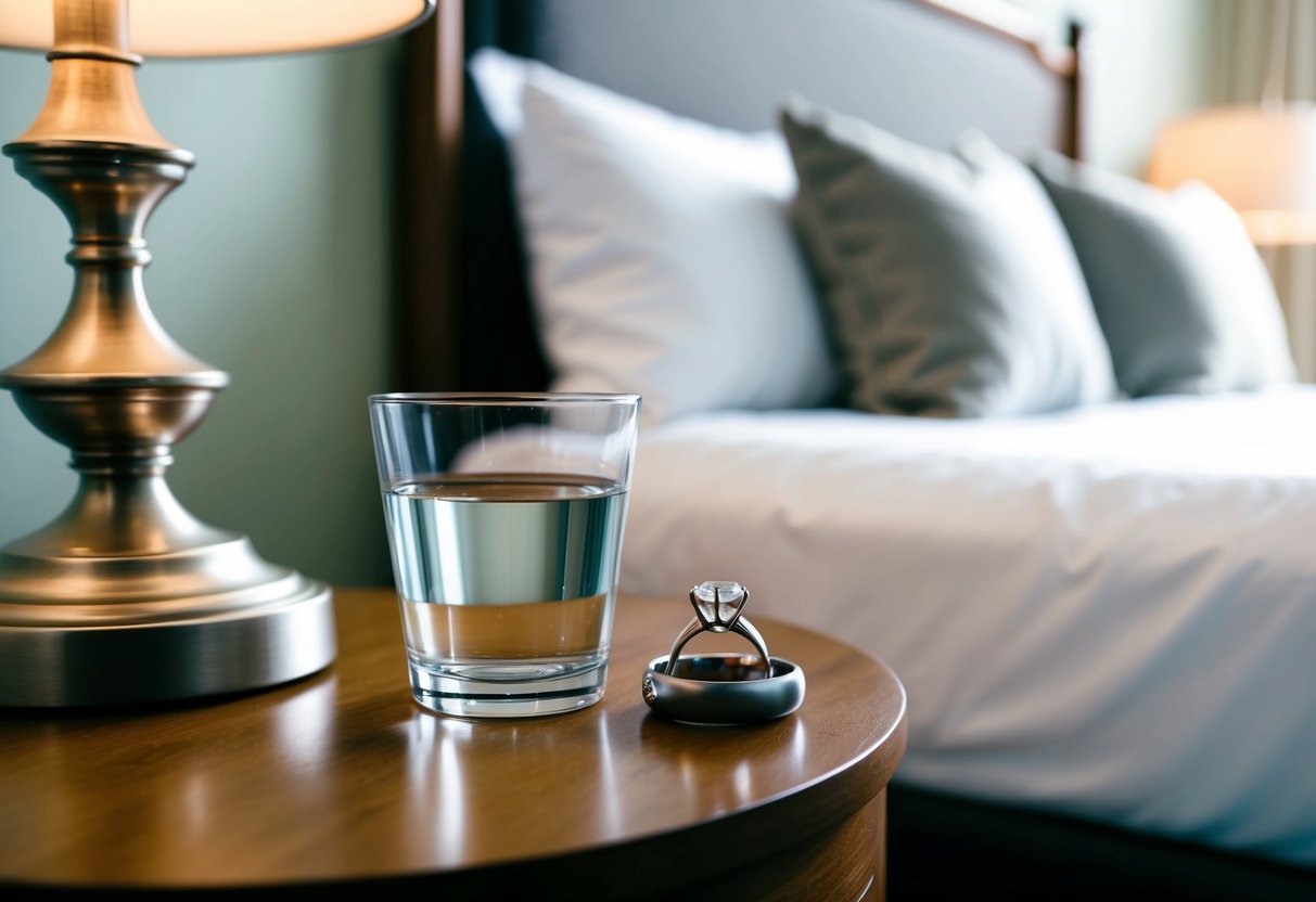 A bedside table with a wedding ring resting on top, next to a glass of water and a lamp, with a cozy bed in the background