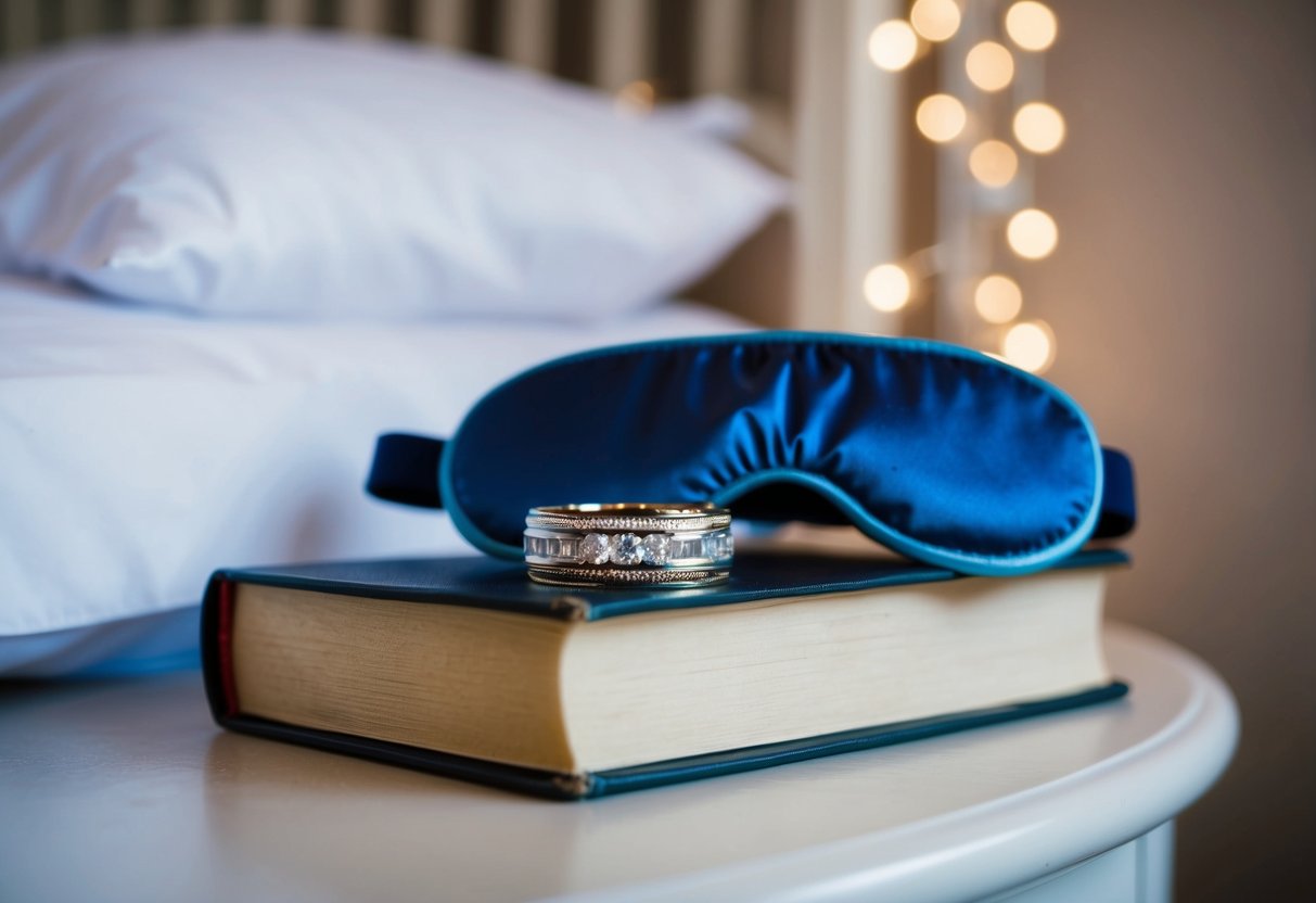 A wedding band resting on a bedside table next to a sleeping mask and a book