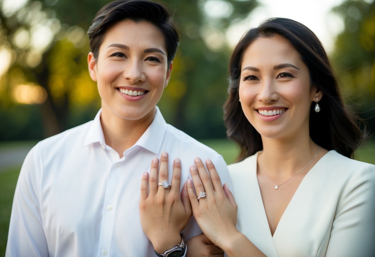 A man and woman standing side by side, smiling, with wedding rings on their fingers